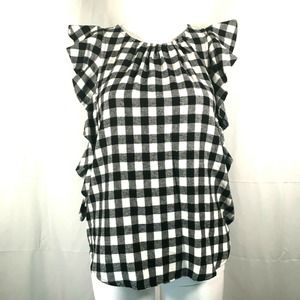 Harlowe & Graham Shirt Womens Sz S Black White Check‎ Plaid Short Flutter Sleeve